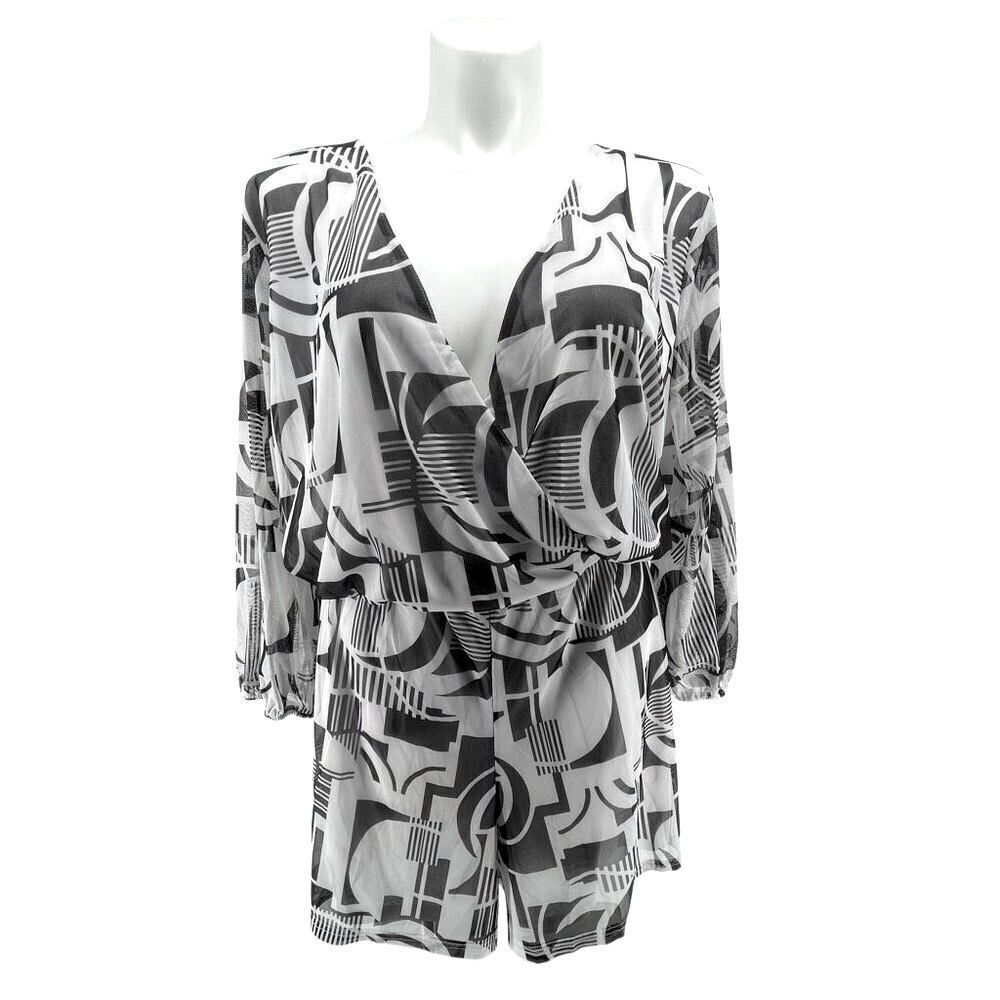 Ashley Stewart White Black Geo Swirl V-Neck Split Back Romper 30 NWT Long Sleeve